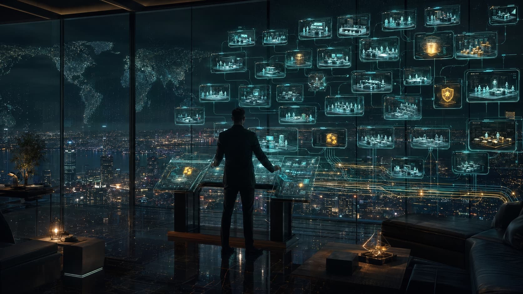 Generated Pitt Management hero: one operator managing many virtual AI companies from a skyscraper command center